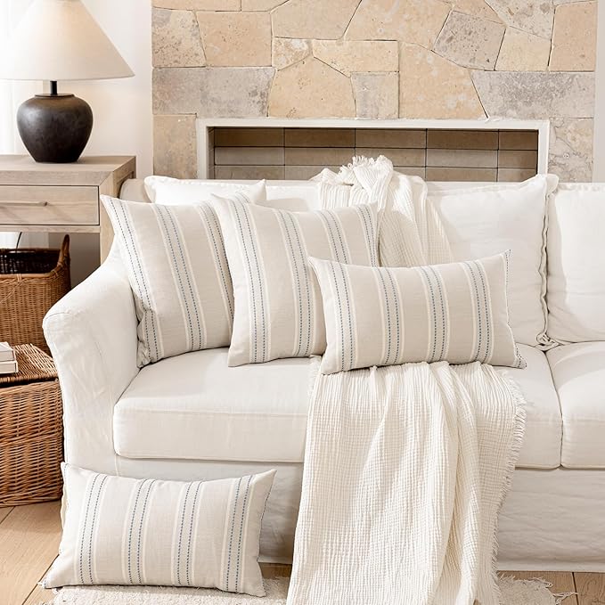Hckot Throw Pillow Covers 12x20 Set of 2 Blue Pillow Covers Farmhouse Decorative Pillows Textured Linen Square Cushion Covers for Sofa Couch Bed Living Room Decor(Dusty Blue)