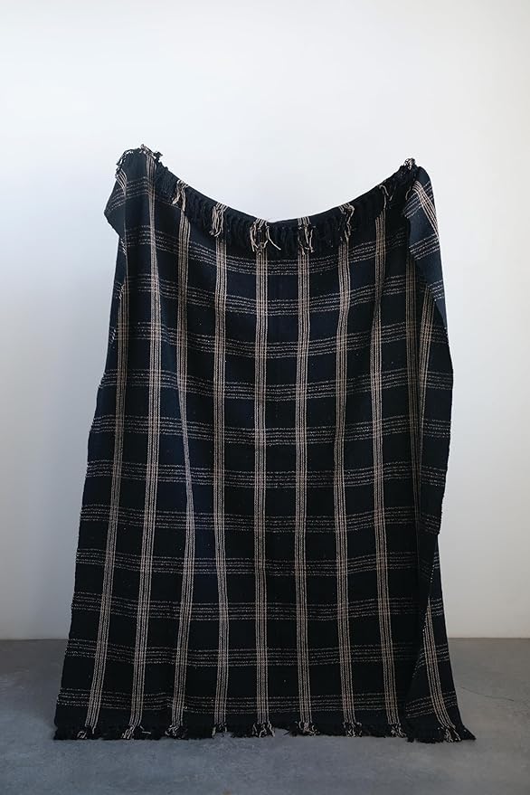 Plaid Black & Tan Fringed Woven Cotton Blend Throw
