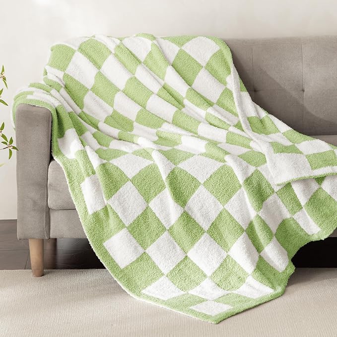Whale Flotilla Checkered Knit Throw Blanket, Ultra Soft Warm Reversible Cozy Decorative Blankets for Couch Sofa and Bed, 50x60 Inch, Light Green