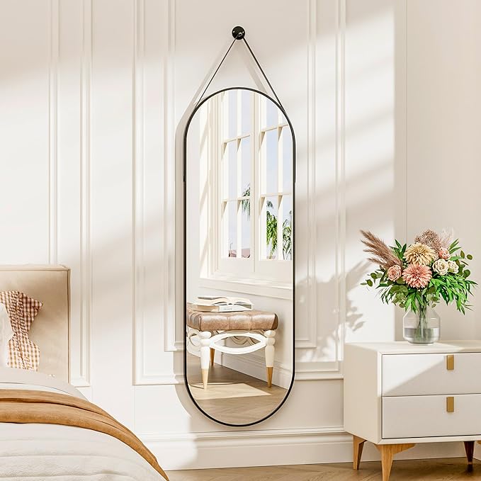 TinyTimes 48"x16" Hanging Mirror Full Length with Leather Strap,Oval Full Length Mirror Wall-Mounted Hanging Mirrors for Bathroom Vanity Living Room Bedroom Entryway Décor, Black