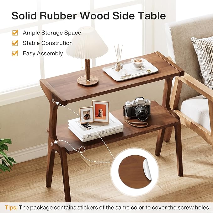 Tribesigns Set of 2 Solid Wood End Table, Rustic Side Table for Couch, 2-Tier Farmhouse Tall End Table, Narrow Bedside Table for Bedroom, Living Room, Easy Assembly, Rustic Brown