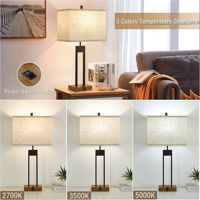 GyroVu Extra Large 25.5'' Set of 2 Modern Bedroom Table Lamps with USB C+A Ports, Color Changeable, Brown Night Stand Lamps for Bedside, Guest Room, Office, Reading