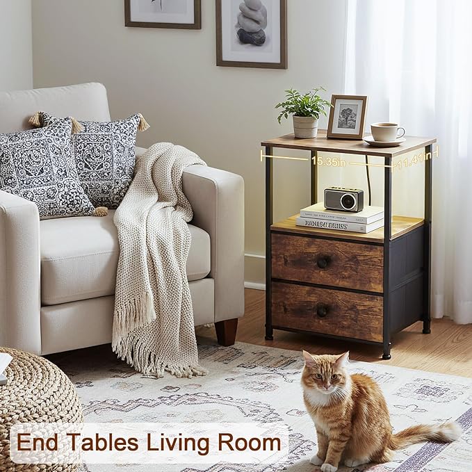 Night Stand Set 2, LED Nightstand with Charging Station, End Tables with Storage Shelf, Bedside Table with 2 Fabric Drawers for Bedroom, Small Spaces, Rustic Brown HETS02PBR