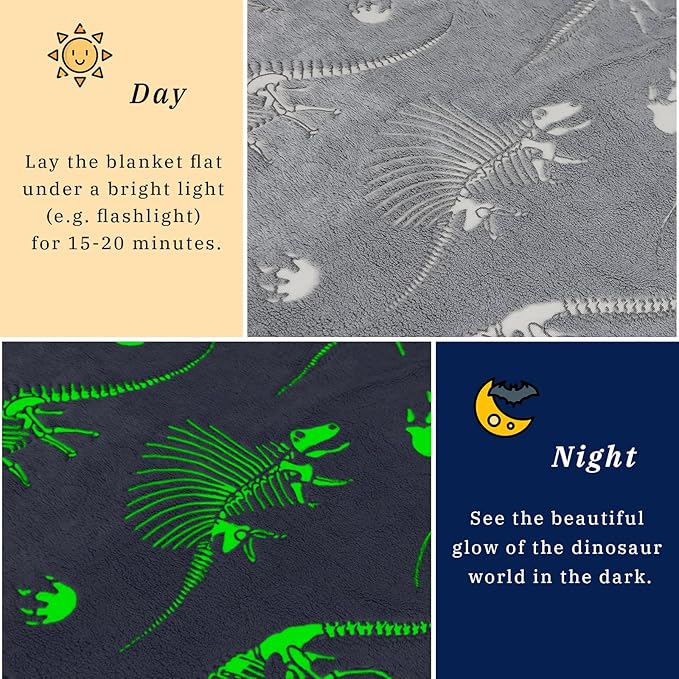 Glow in The Dark Blanket Dinosaur Throw Blanket for Boys Kids Soft Warm Cozy Cute Dino Blanket Unique Dinosaurs Toys Gifts Gray Glowing Dinosaur Room Decor Blankets for Girls Teens 50"x60"