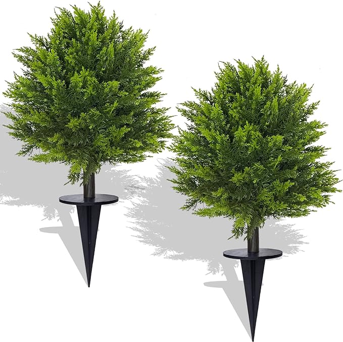 2 Pack 24”Artificial Topiary Ball Tree with Spike Soft Cypress Realistic Faux Cedar Pines Spring Trees UV Rated Fake Shrubs for Spring Pot Fillers Front Door Porch Indoor Outdoor Decor
