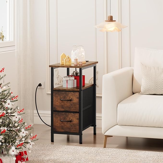 Vagusicc End Table with Charging Station, Narrow Side Table, 23.8'' Tall Nightstand with 2 Fabric Drawers, Small Sofa Side Table Narrow Nightstand for Small Spaces, Bedroom, Bedside, Rustic Brown