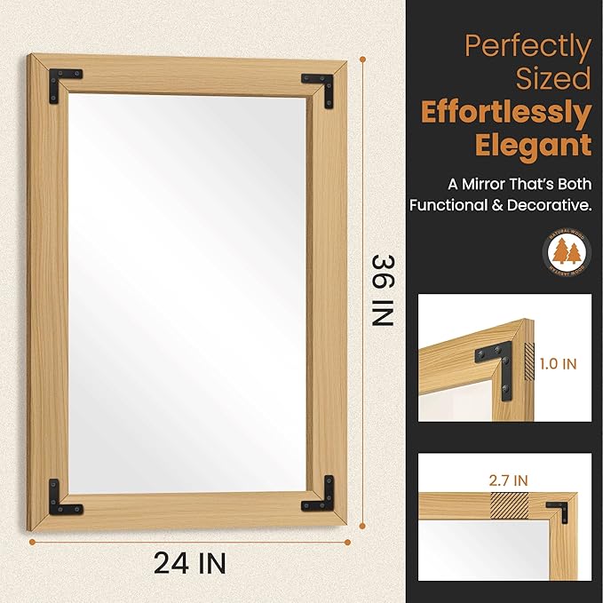 Bathroom Mirror for Wall with Wooden Frame,36"x24"Solid Wood Vanity Mirror for Farmhouse, Bathroom, Bedroom Decor, Vertical or Horizontal Hanging(White)