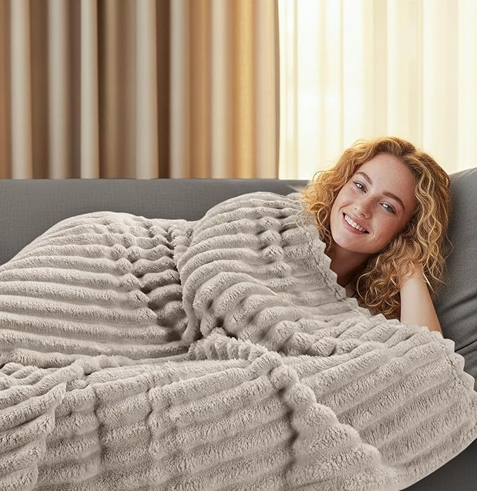 Utopia Bedding Linen Striped Fleece Blanket Throw Size – Fluffy, Warm & Lightweight Ribbed Throw for Bed, Sofa & Chair - Soft Cozy Blanket for Home Décor & Gifting (50x60 Inches)