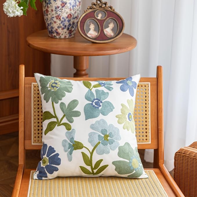YIcabinet Pack of 2 Throw Pillow Covers,Flower Embroidery Pillow Case Soft Square Decorative Pillowcases for Home Sofa Couch 18x18 Inch
