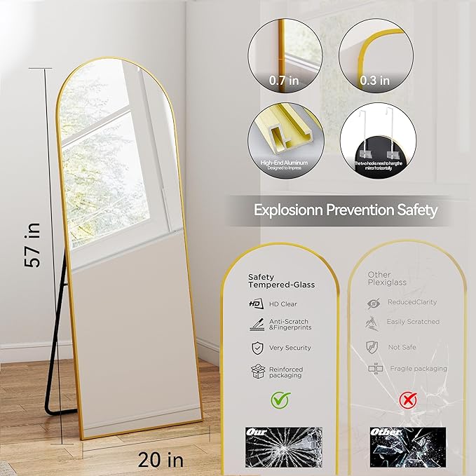 57x20 Door Hanging Full Length Mirror, Floor (Height 5.7ft just Body in1.3ft) or Wall Mounted Metal Frame Arch Dressing Mirrors for Bedroom Bathroom Living Room 57 20 inch Gold