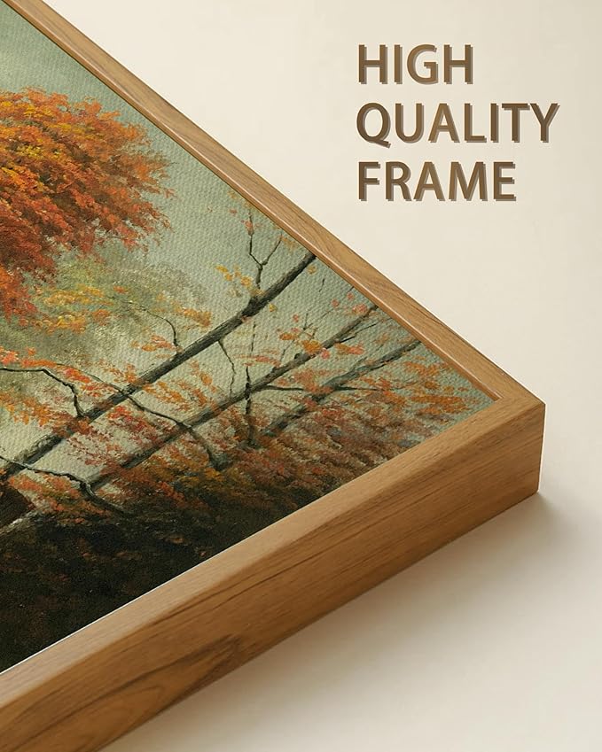 SHENIFY 20x40in Extra Large Vintage Framed Wall Art Countryside River Landscape Painting Retro Fall Scenery Farmhouse Bedroom Above of Bed Living Room Decor - Natural Framed