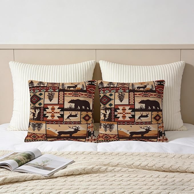 Rustic Wildlife Geometric Bear Throw Pillows Covers Set of 2 18x18 Inch, Retro Brown Bear Moose Decorative Throw Pillowcases, Vintage Pillowcovers for Sofa Living Room Couch Bedroom Cabin Spring Decor