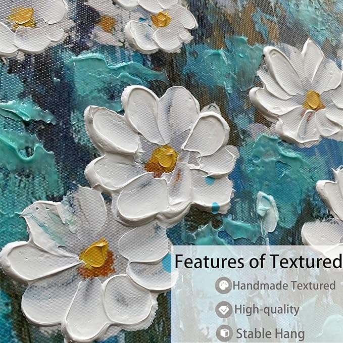 Arjun Flower Wall Art for Living Room, Teal Bedroom Canvas Daisy Floral Painting Landscape Picture Artwork Extra Large Textured Office Home Dining Room Kitchen Wall Decor 58"x29"