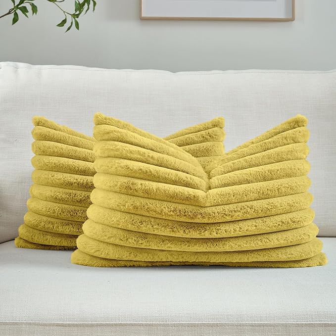 FUTEI Mustard Yellow Decorative Throw Pillow Covers Set of 2, 12x20 Inch Soft Fluffy Faux Fur Plush Striped Lumbar Pillowcases, Modern Home Decor for Couch Bed Living Room