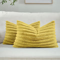 FUTEI Mustard Yellow Decorative Throw Pillow Covers Set of 2, 12x20 Inch Soft Fluffy Faux Fur Plush Striped Lumbar Pillowcases, Modern Home Decor for Couch Bed Living Room