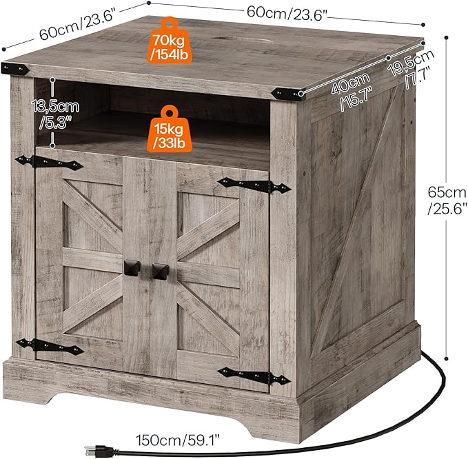 HOOBRO Farmhouse End Tables Set of 2 with Charging Station, 23.6" Large End Tables for Living Room, Sofa Side Table with Barn Door, Wooden Square Nightstand Bedside Table, Greige GY601UBZP201