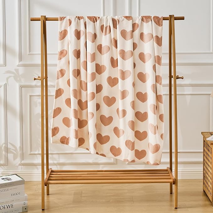 FY FIBER HOUSE Heart Flannel Queen Blanket Soft Cozy Blankets for Lover Gifts All Season Use, 90x90 Inches, Khaki