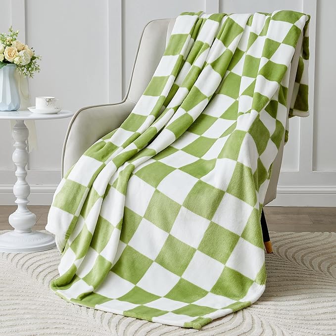 BEDELITE Checkered Throw Blanket for Couch, Soft & Cozy Fleece Flannel Blanket with Checkerboard Grid Home Decor, Checkered Green, 50x60 Inches