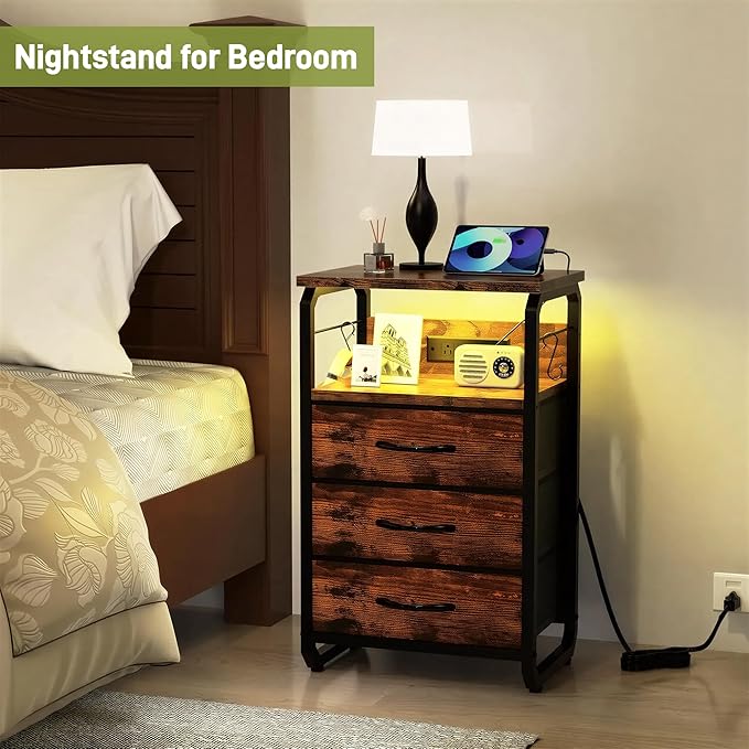 Bed Side Table with 3 Fabric Drawers, Night Stand with Charging Station, LED Nightstand with Hooks, Bedside Table End Table with Storage, Night Table for Living Room, Bedroom (Rustic Brown)