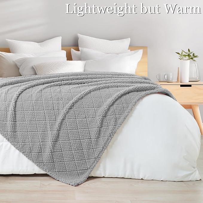 Whale Flotilla Fuzzy Fleece Twin Size Blanket for Bed, Soft Fluffy Jacquard Waffle Blankets for All Season, Lightweight and Warm, 60x80 Inch, Light Grey