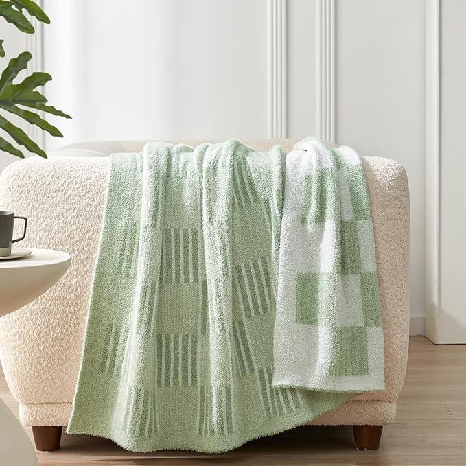 Snuggle Sac Faux Fur Checkered Blanket Twin Size,Super Soft Reversible Cozy Warm Blanket for Sofa Bedroom,Cute Lightweight Striped Throws for Women,Heather Sage Green,60x80 inches