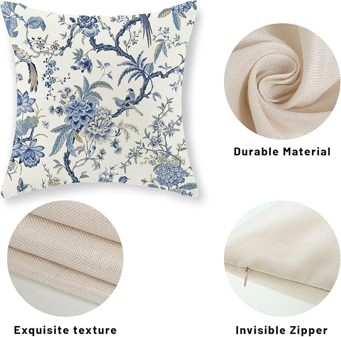 Chinoiserie Floral Bird Pillow Covers 18x18 Set of 2 Spring Chinoiserie Flowers Decorative Pillowcase Outdoor Blue and Cream Throw Pillows Farmhouse Linen Cushion Case for Couch Home Decor