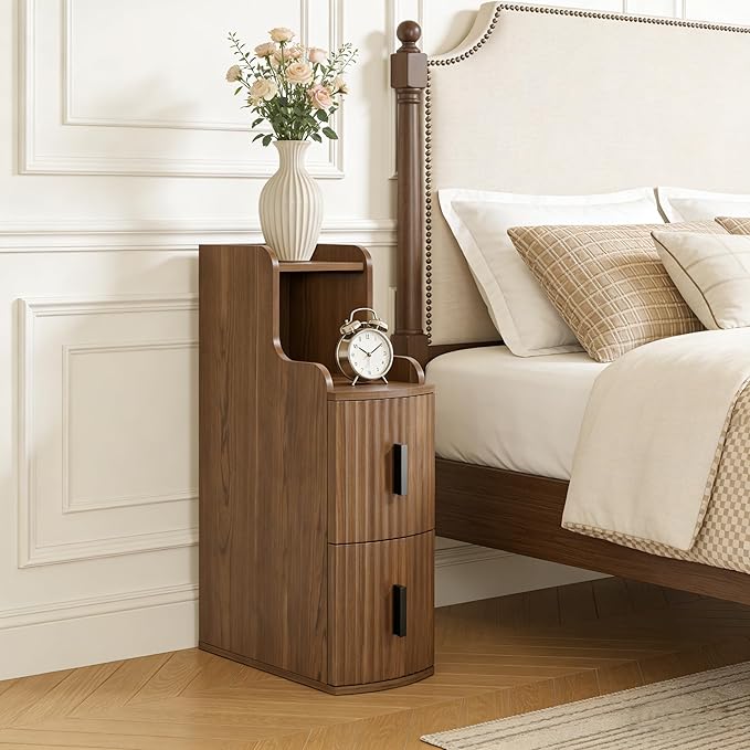 Skinny End Table with 2 Storage Drawers for Living Room Office Slim Side Table Mini Small Nightstand Narrow Beside Table for Sofa Bedroom (1, Walnut)