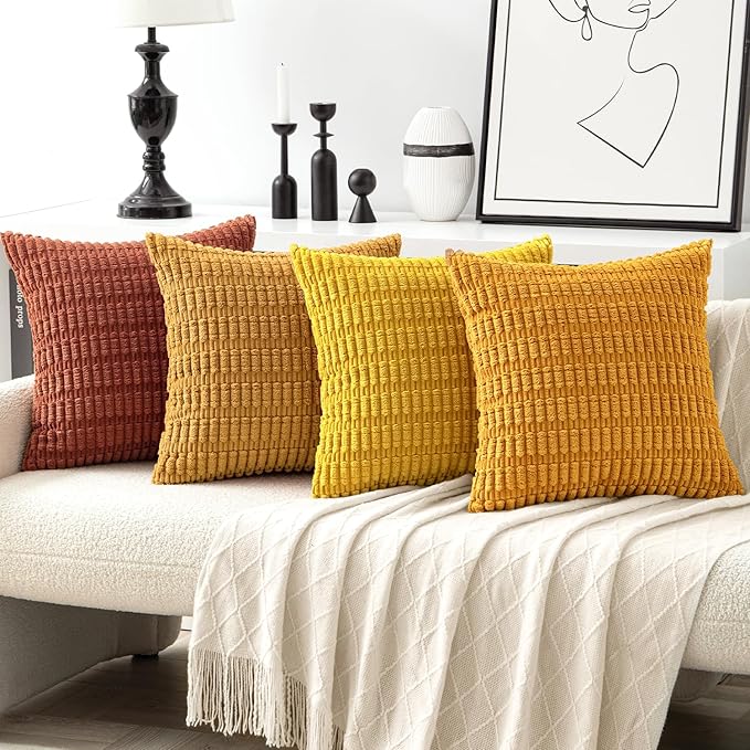 MIULEE Pack of 4 Fall Boho Farmhouse Orange Yellow Corduroy Decorative Throw Pillow Covers 18x18 Inch Soft Striped Pillow Covers Modern Rustic Home Decor for Sofa Living Room Couch Bed