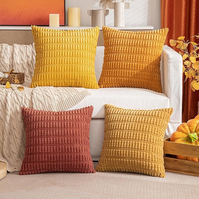 MIULEE Pack of 4 Fall Boho Farmhouse Orange Yellow Corduroy Decorative Throw Pillow Covers 18x18 Inch Soft Striped Pillow Covers Modern Rustic Home Decor for Sofa Living Room Couch Bed