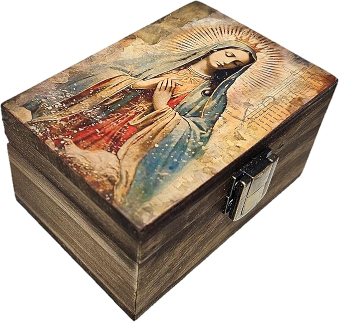 RK Collections Our Lady of Guadalupe Virgin Mother Mary Rosary Box. Vintage Woodem Prayer Box for Religious Gift. Trinket case Holder (4x2.75)