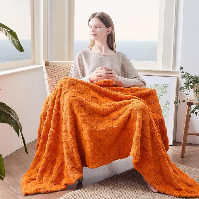 NEWCOSPLAY Super Soft Throw Blanket Orange Premium Silky Flannel Fleece 3D Checkered Lightweight Bed Blanket All Season Use (Orange Checkered, Throw(50"x70"))