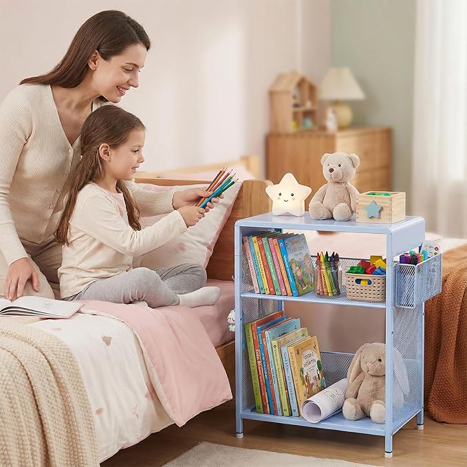 Kids Nightstand, 3-Tier Metal Side Table with Adjustable Storage Shelf, Basket & 3 S-Hooks, Small Bedside Table for Nursery, Toddler Bedroom and Small Spaces (Blue)