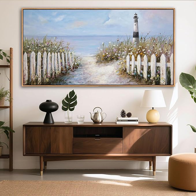 Ocean Wall Art for Living Room - Coastal Canvas Artwork for Walls, Vintage Landscape with Lighthouse, Farmhouse Beach Pictures, Framed Bedroom Wall Decor 29×58IN