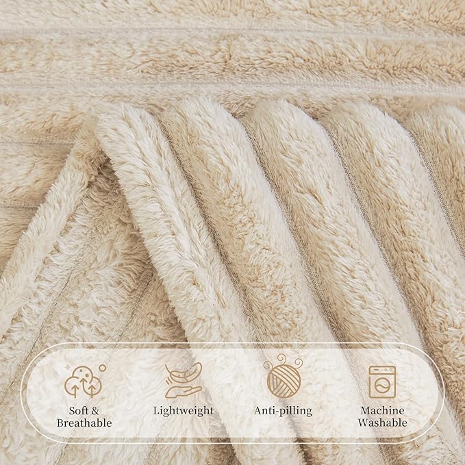 Comelady Fleece Blanket Queen Size for Bed,3D Ribbed Jacquard Warm Fluffy Throw Blanket for Couch Sofa Room Decor-Lightweight Cozy Fuzzy Blanket for All Seasons(Light Brown,90"×90")