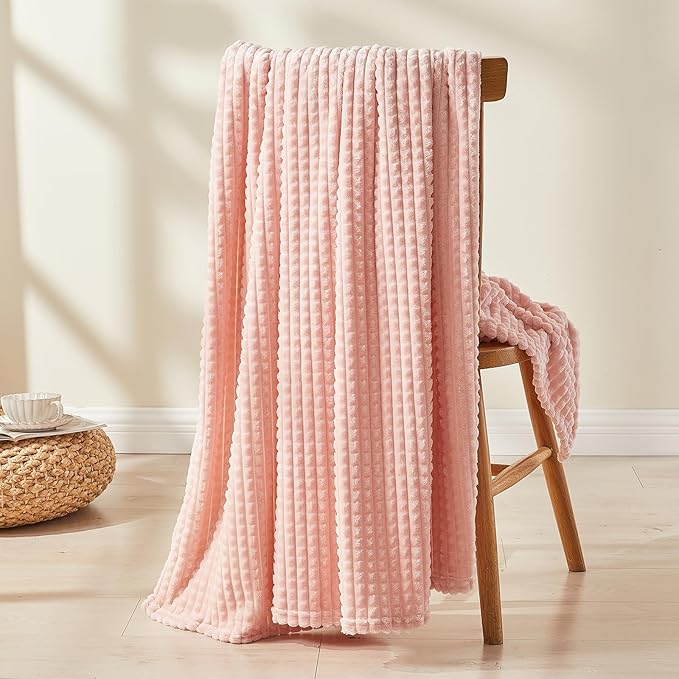 EMME Fleece Blanket, 3D Jacquard Throw Blanket for Couch and Bed, Soft Cozy and Fluffy Blankets Lightweight Luxury Flannel with Geometric Grid Design (Pink, 50" x 60")