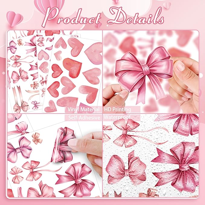 Pink Bow and Heart Wall Decals - 6 Sheets 82 Pcs Bow Knot Wall Stickers Watercolor Bow Heart Peel and Stick Wall Stickers for Girls Room Nursery Bedroom Valentine's Day Décor