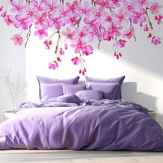 Cherry Blossom Flowers Wall Decals Peel and Stick, Large Floral Vinyl Wall Stickers, Removable Vine Home Decor Art for Bedroom Living Room Classroom Office