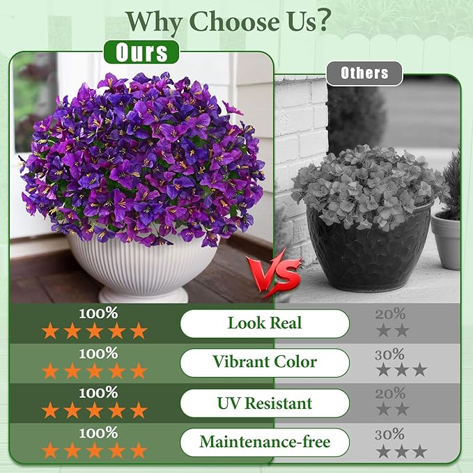 Yastouay 16 Bundles Artificial Flowers for Outdoors, Bougainvillea Fake Flowers for Outside, UV Resistant Silk Outdoor Faux Plants for Porch Patio Planter Front Door Garden Decor(Purple Fuchsia)