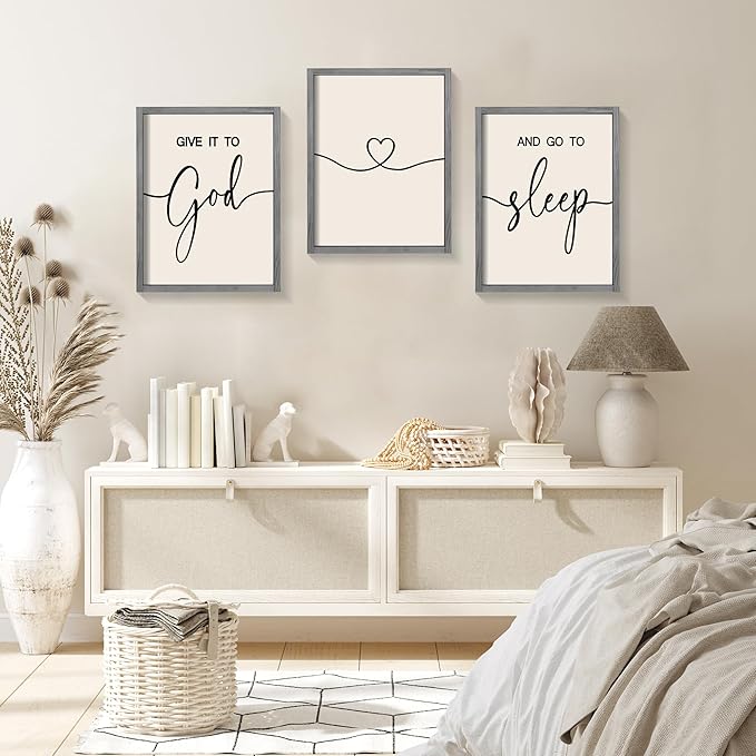 Heiple Give It to God and Go to Sleep Sign Set of 3 Above Bed Wall Decor Farmhouse Bedroom Decor Wood FramedArt Rustic Master Bedroom Essentials Home Decoration (Gray, 11”x14”)