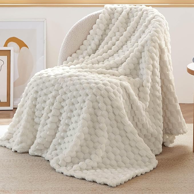 Bedsure Off White Throw Blanket for Couch - 350GSM Fluffy Plush Bubble Blanket for Bed Home Room Decor, GentleSoft Cute Fleece Soft Cozy Gifts for Women Girls, 50x60 Inches