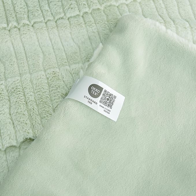 Amélie Home Luxury Striped Faux Fur Throw Blanket for Bed Queen Size, Soft Cozy Fuzzy Fluffy Plush Gift Blankets for Women, 88"x90", Sage Green