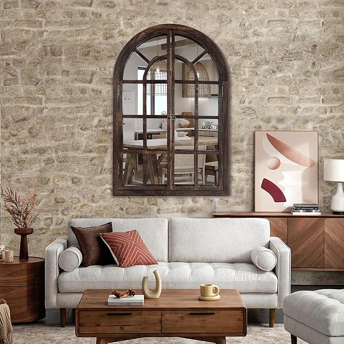 Arched Wall Mirror with Window Pane Design 36 x 24 Inch Rustic Farmhouse Wood Decorative Mirror for Living Room Bedroom Entryway