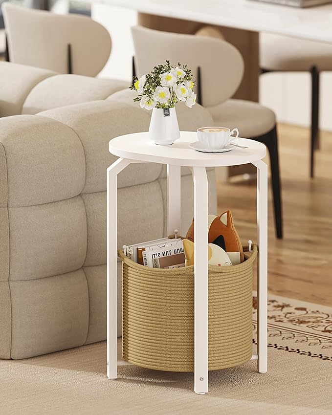TUTOTAK Small Side Table, Oval End Table, Night Stand, Bedside Table, Set of 2, Sofa Table with Storage Basket, Living Room, Bed Room, White and Beige TB01BWN0932