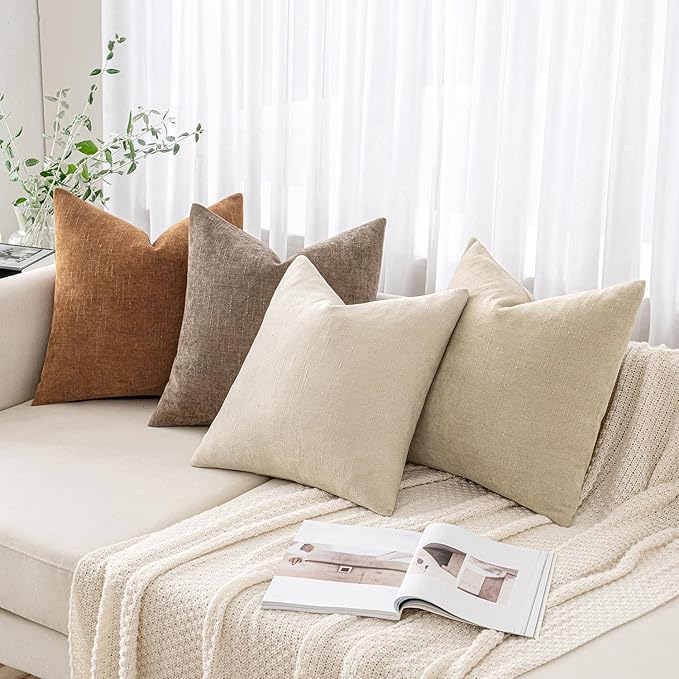 MIULEE Pack of 2 Decorative Throw Pillow Covers Soft Chenille Throw Pillows Solid Textured Cushion Covers for Couch Sofa Bedroom Living Room 18x18 Inch, Beige