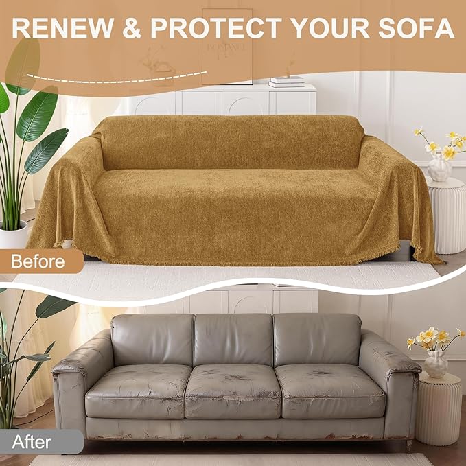 Smiry Couch Cover for Dogs, Washable Chenille Sofa Covers for 3 Cushion Couch, Soft Sofa Slipcover for Pets, Thick Sectional Furniture Protector with Tassels (Yellow, 71x118 Inch)