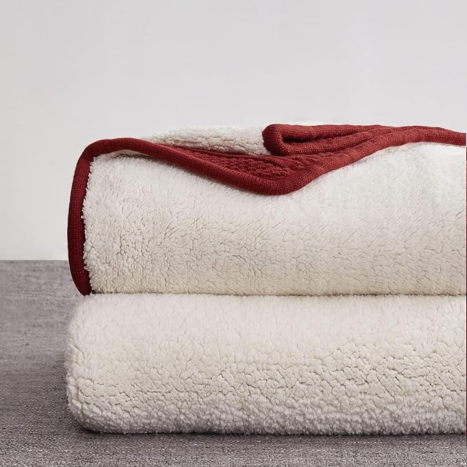 Longhui bedding Acrylic Cable Knit Sherpa Throw Blanket - Thick, Soft, Big, Cozy Wine Red Knitted Fleece Blankets for Couch, Sofa, Bed - Large 60 x 80 Inches Coverlet All Season, Burgundy Color