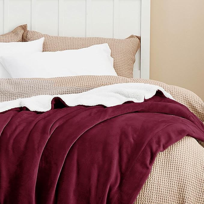 Bedsure GentleSoft Sherpa Fleece Blanket Queen Size for Bed, Non-Heated, Thick and Warm Throw for Girls and Women, Soft Fuzzy Plush Queen Blanket for Winter, Burgundy, 90x90 Inches