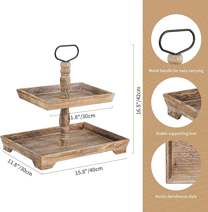 Hanobe Tiered Tray for Table Decor: 2 Tier Sunflower Decorative Tray Stannds for Table Centerpieces - Rectangle Farmhouse Serving Stand for Coffee Bar, Rustic Brown