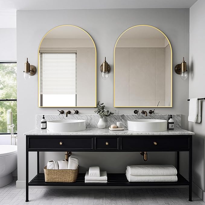 Delma Arched Bathroom Mirror, 28"x40" Wall Mounted Vanity Mirror for Bedroom, Living Room and Entryway, Gold