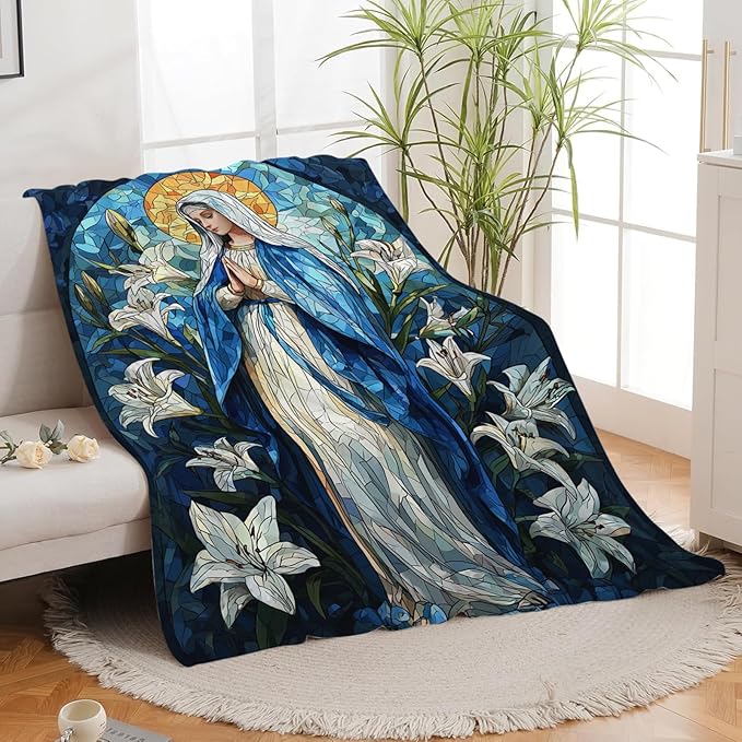 Virgin Mary Blanket for Girls Women Men Adults Soft Cozy Fleece Christian Mother of God Throw Blankets Healing Catholic Gifts Warm Flannel Plush Lightweight Decor for Couch Bed Sofa 50"X40"